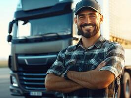 Truck driver smiling confidently in front of his vehicle photo