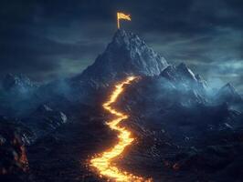 Mysterious mountain with glowing pathway and flag at night photo