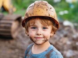 Child enjoys construction play in muddy outdoor setting photo