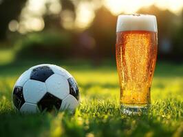 Enjoying a refreshing drink and soccer on a sunny afternoon photo