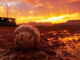 Baseball resting on wet dirt at sunset in a quiet field photo