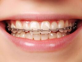 Smiling person with braces showing healthy teeth in close-up photo