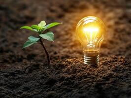 Light bulb shines above young plant in dark soil showing growth photo
