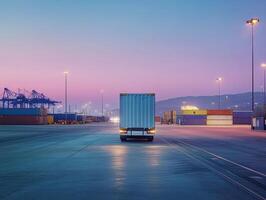 Container truck departing from a loading dock at twilight photo
