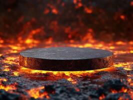 Floating platform over glowing lava in volcanic landscape photo