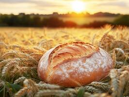 Freshly baked bread rests in a golden wheat field at sunset photo