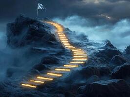 Illuminated path leads to summit with flag on rocky mountain photo