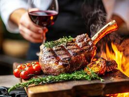 Grilled steak with wine served by chef near open flame photo