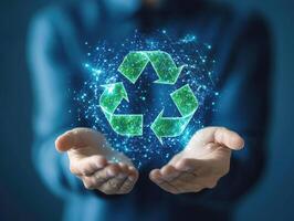 Hands holding glowing green recycling symbol in digital format photo