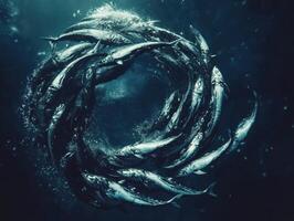 Fish swim in a mesmerizing circle underwater in dark ocean photo