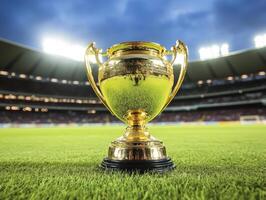 Golden trophy gleaming on the soccer field at dusk photo