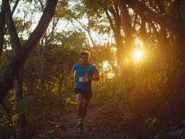 Runner racing through a forest trail at sunset in nature photo