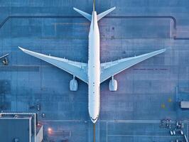 Aerial view of a large passenger aircraft at an airport terminal photo
