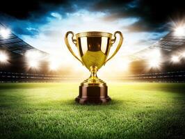 Golden trophy stands on field with stadium lights shining photo