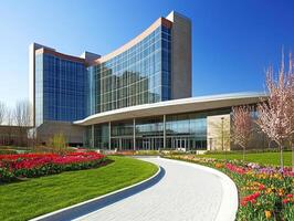 Modern building surrounded by vibrant gardens in sunny weather photo