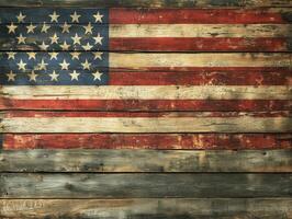 Rustic wooden backdrop featuring worn American flag design photo
