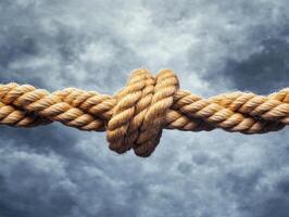Strong knot tying with natural rope against a cloudy backdrop photo
