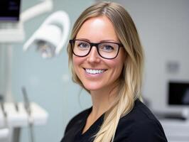 Smiling dental professional in clinic setting during work hours photo