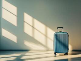 Suitcase stands alone in sunlight with intriguing shadows photo