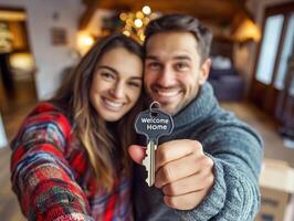 Couple celebrates new home with key in cozy interior setting photo