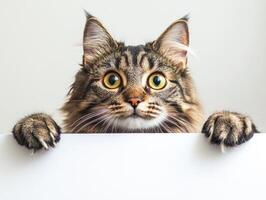 Cat with striking eyes peeks over a white surface indoors photo