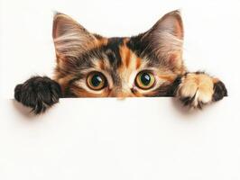 Curious cat peeking over a white surface in a cozy setting photo