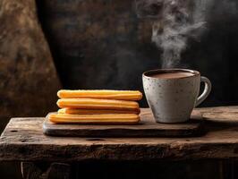 Churros and hot chocolate on a rustic wooden table photo