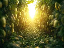 Sunlight filters through a hop field at golden hour in summer photo