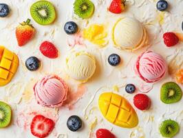 Colorful ice cream assortment on a vibrant dessert backdrop photo