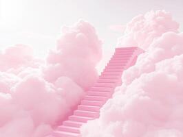 Dreamy pink staircase ascending through fluffy clouds photo