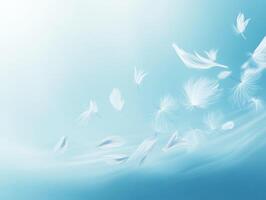 Delicate white feathers floating gently in a serene blue background photo