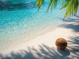 Coconut rests on a tranquil beach beside clear blue water photo