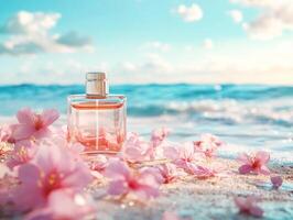 Fragrance bottle surrounded by flowers by the ocean at sunset photo