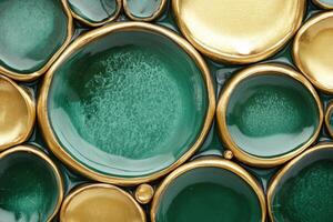 Artistic ceramic plates arranged in unique design with vibrant colors photo