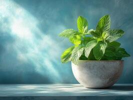 Mint plant in a ceramic bowl with soft light backdrop photo