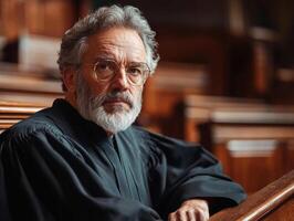 Mature judge seated in courtroom during judicial proceedings photo