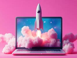 Creative digital artwork of a rocket launching from a laptop photo