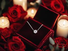 Beautiful necklace displayed with red roses and glowing candles photo
