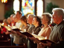 Choir members holding candles while singing in a church service photo