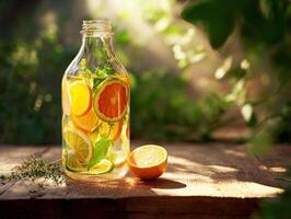 Refreshing citrus-infused drink with mint in a sunny setting photo