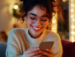 Woman smiling while using smartphone indoors at night photo