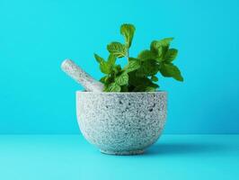 Fresh mint leaves in a stone mortar on a blue background photo