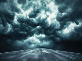 Dark storm clouds loom over an empty highway at dusk photo