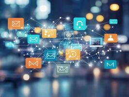 Digital communication concepts illustrated with varied icons at night photo