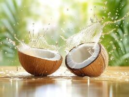 Coconuts split open creating splashes in bright outdoor setting photo