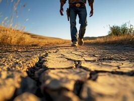 Man walks on cracked ground during sunset in arid landscape photo