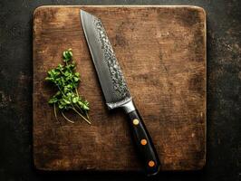 Cutting herbs with a sharp knife on a wooden board photo
