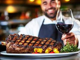 Chef serves grilled steak with wine in upscale dining setting photo