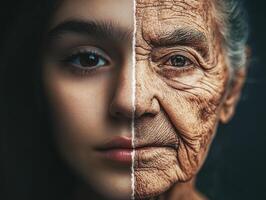 Youth and age contrast showing the passage of time in human life photo