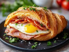 Breakfast croissant with egg, bacon, and ham served on a plate photo